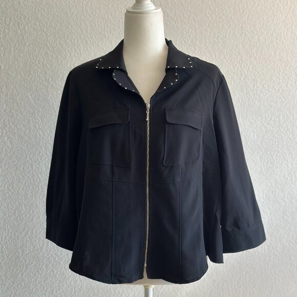 Kathy Che Stretch Black Studded-Collar Zip Front Blouse – Size 10 - Picture 2 of 6